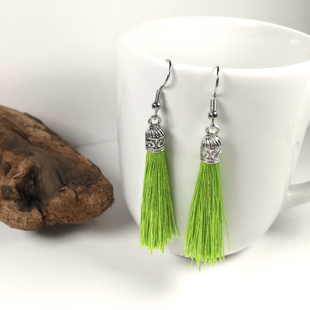 Lime Green Tassel Drop Earrings
